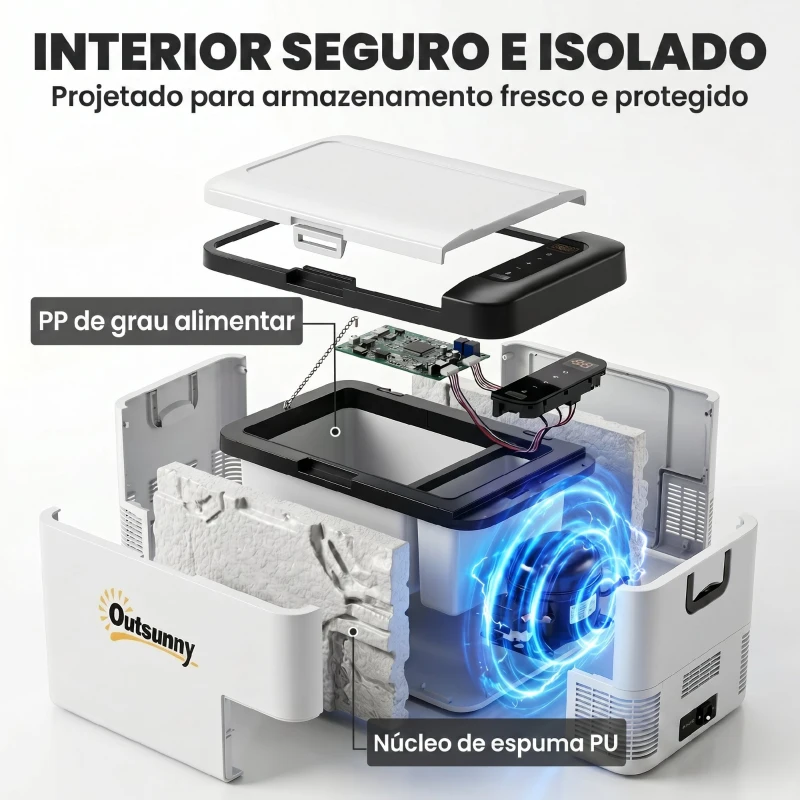 Outsunny Geleira Elétrica de Compressor 25L Portátil até -20℃ com Luz LED e Alças Dobráveis Geleira de Carro 12V/24V e 240V para Casa Campismo Viagem 58,5x33,5x35,2cm Branco