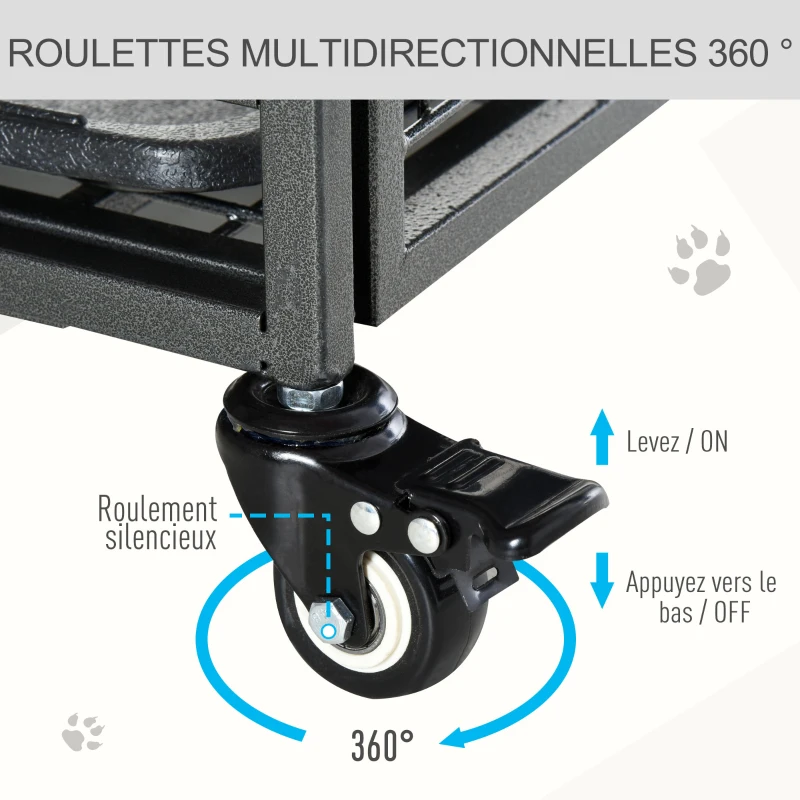 PawHut Cage pour chien pliable cage de transport sur roulettes 2 portes verrouillables plateau amovible dim. 125L x 76l x 81H cm métal gris noir