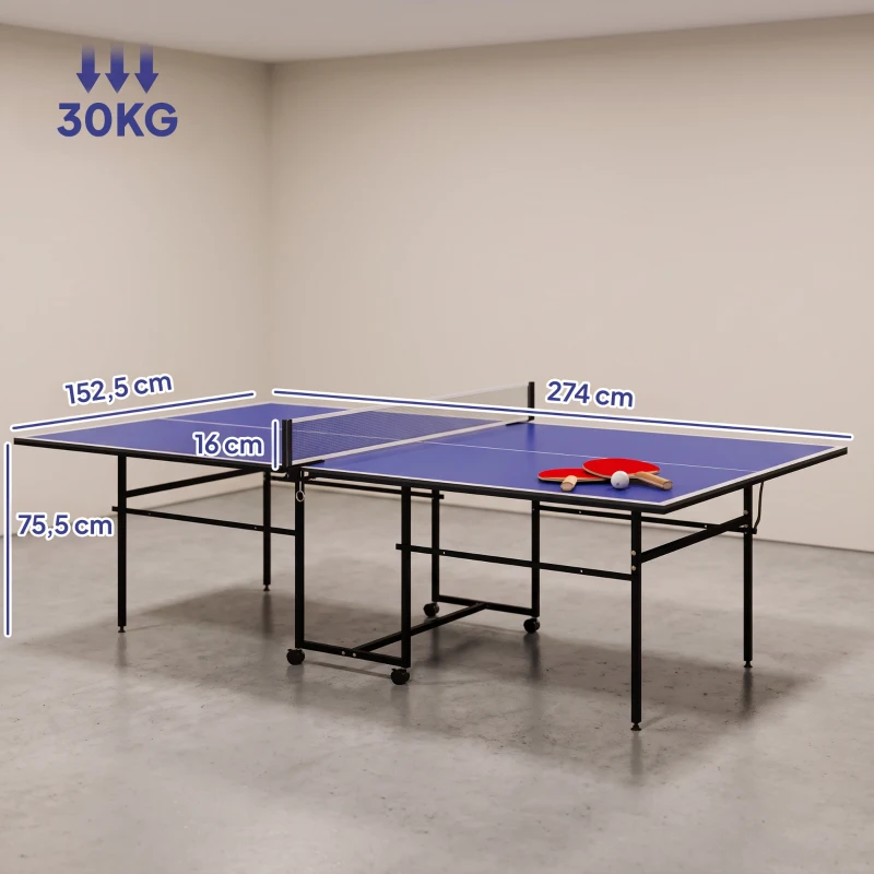 SPORTNOW Tafeltennistafel, inklapbaar, mobiel, 2 rackets, 3 ballen, metalen frame, 274x152,5x76 cm, blauw