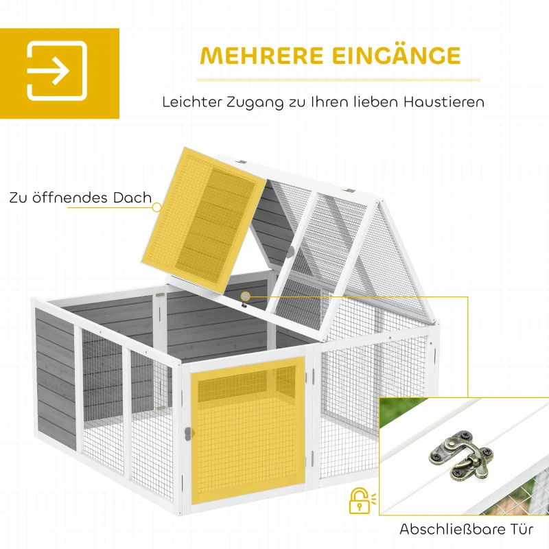 PawHut Ren kleindierhok, konijnenhok, houten constructie, opvouwbaar, voor binnen en buiten, lichtgrijs