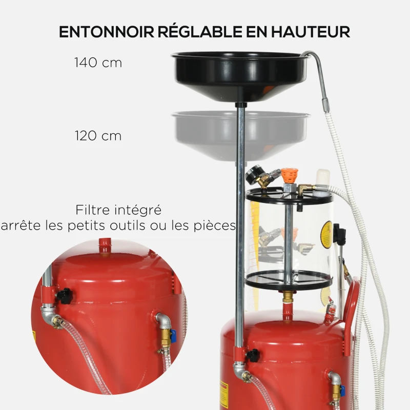 DURHAND Récupérateur d'huile de vidange portable 2-en-1 avec hauteur réglable et vidangeur d'huile pneumatique de 80L