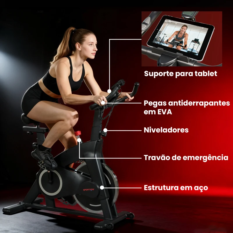 SPORTNOW Bicicleta Estática Bicicleta Fitness com Volante de Inércia de 15 kg Ecrã LED Guiador e Assento Ajustável 108x53x111 cm Preto