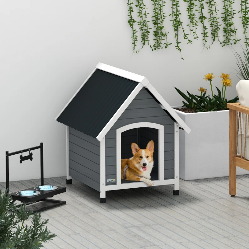 PawHut Casota para Cães 75x88x82 cm Casa para Cães com Telhado de Telhas de Imitação Pés Elevados e Chão Removível para Exterior Cinza