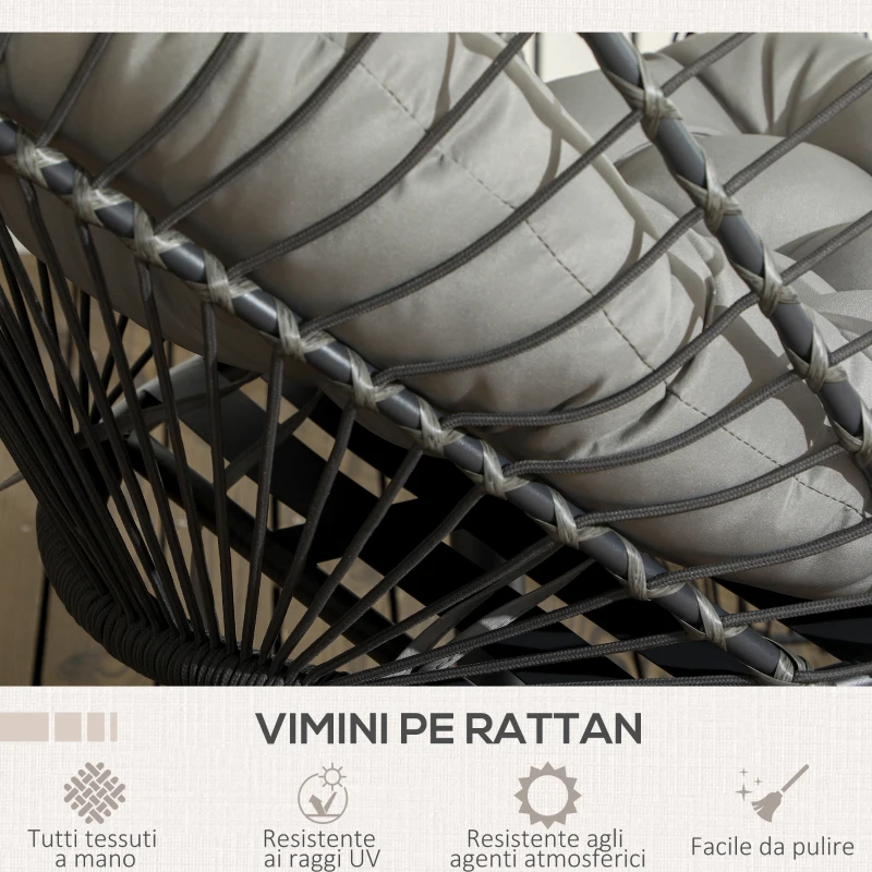 Outsunny Poltrona Sospesa in Rattan PE con Cuscino, Seduta Pieghevole e Struttura in Acciaio, Grigio