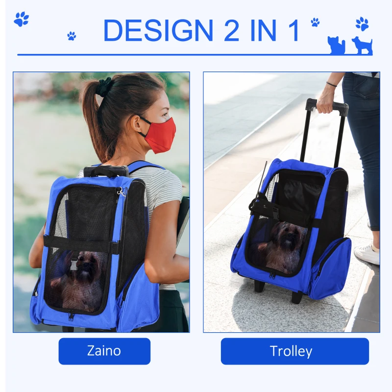 PawHut Trasportino Zaino 2 in 1 per Cani e Gatti con Tasche Laterali, Maniglia Telescopica e Ruote, 42x25x55cm, Azzurro