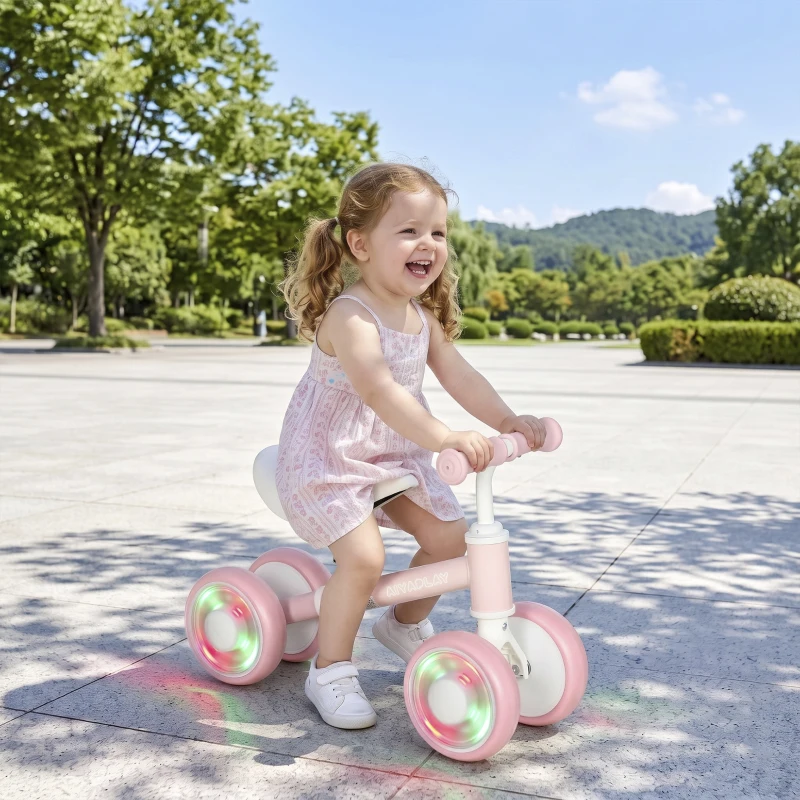 AIYAPLAY Baby Balance Bike for 1-2 Years Old, Light-up Toddler Balance Bike with Adjustable Seat, 4 Silent EVA Wheels, Pink