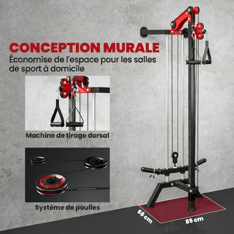 SPORTNOW Station de Musculation à Poulie Machine à Câble LAT Fixation Murale Charge de Poids Personnalisable 85x68x210cm Noir