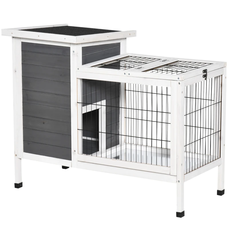 PawHut Clapier sur pieds cage à lapin avec niche intérieure plateau excrément coulissant porte supérieure 92L x 51l x 76H cm gris blanc