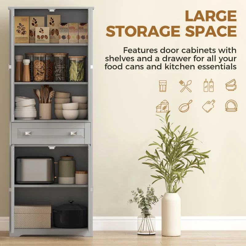 HOMCOM Freestanding Kitchen Cupboard, Storage Cabinet with 2 Adjustable Shelves, Drawer and Glass Door for Living Room, Grey