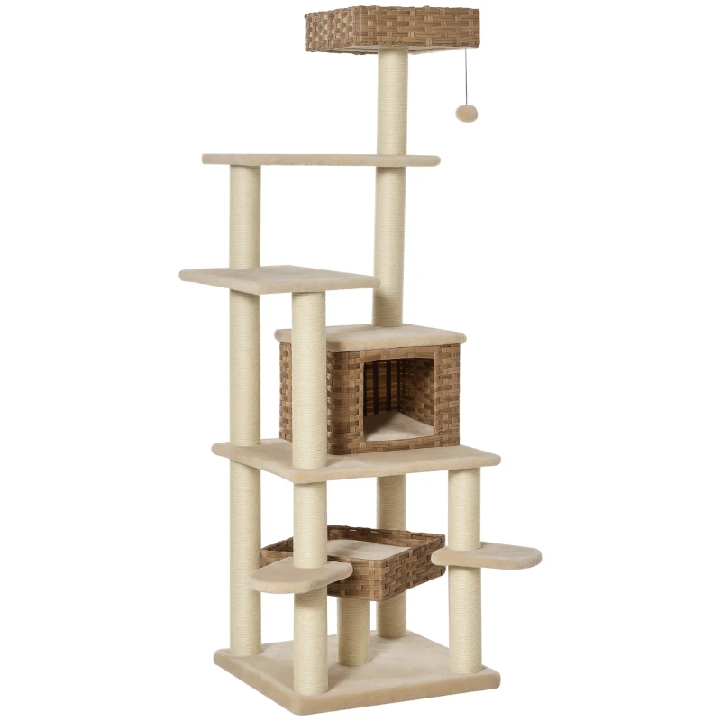krabpaal met kattengrot rotan kattenboom met meerdere verdiepingen voor katten beige + bruin