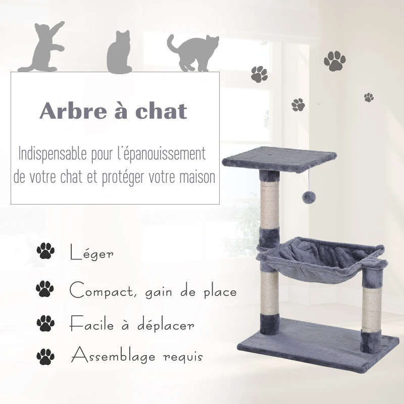 PawHut Arbre à chat 3 griffoirs grattoirs sisal naturel plateforme hamac et boule suspendue dim. 50L x 36l x 70H cm peluche courte gris