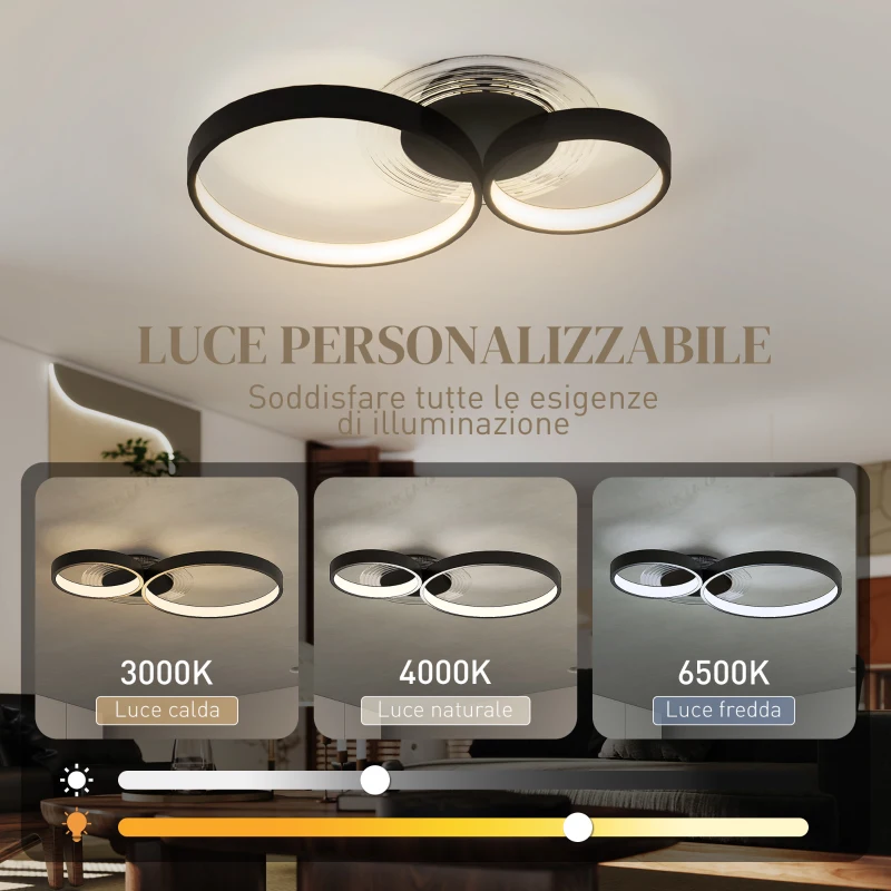HOMCOM Plafoniera LED Moderna a 3 Anelli con Temperatura Colore Regolabile, Potenza 40W, Nero