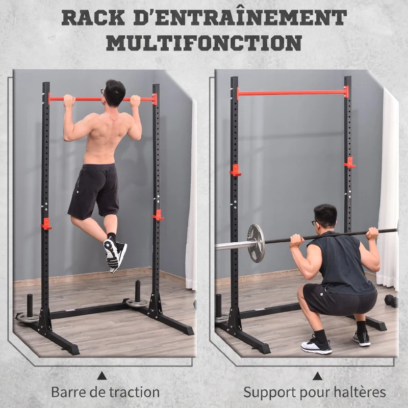 HOMCOM Squat Rack Réglable 32 Niveaux en Acier, Crochet, Barre de Traction, Base Antidérapante, 117,5x122x226cm, Noir