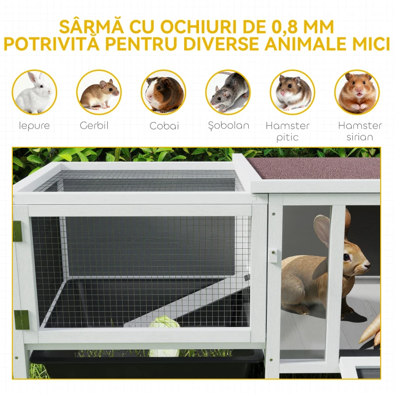 PawHut Cușcă de Exterior pentru Iepuri cu Căsuță, Zonă de Joacă și Tavă, Cușcă din Lemn de Brad, Metal, PET și Acoperiș din Bitum, 105x57,5x51,5 cm, Multicolor