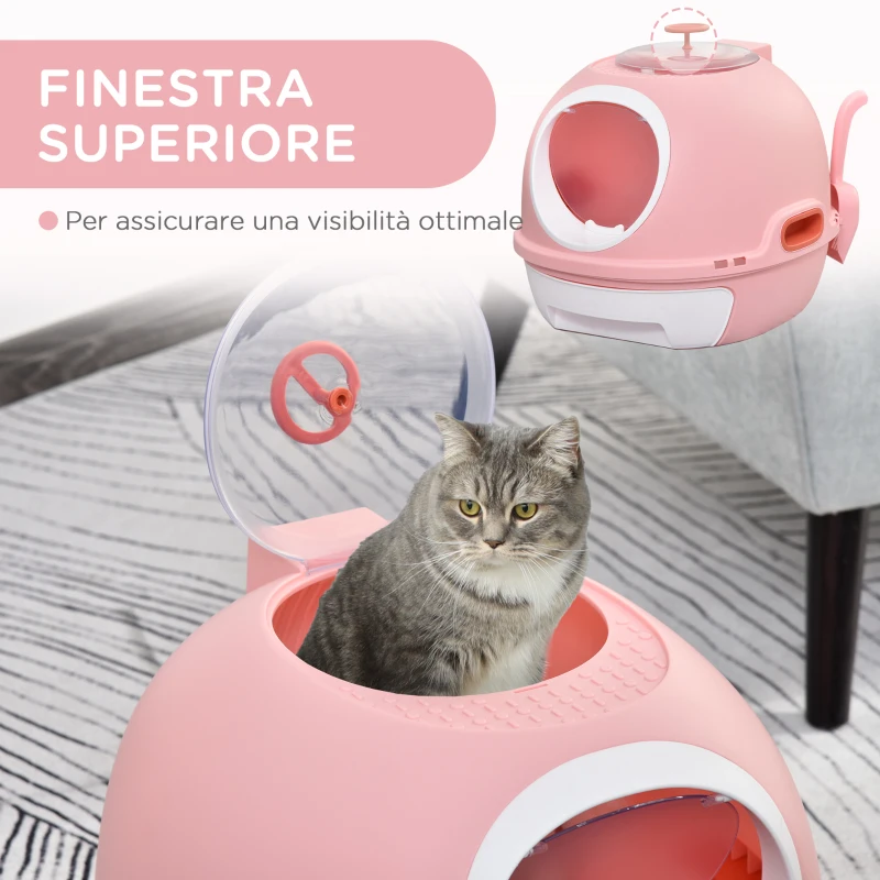 PawHut Lettiera per Gatti Chiusa con Vassoio Estraibile, 2 Ingressi e Paletta, 47x55x44 cm, Rosa