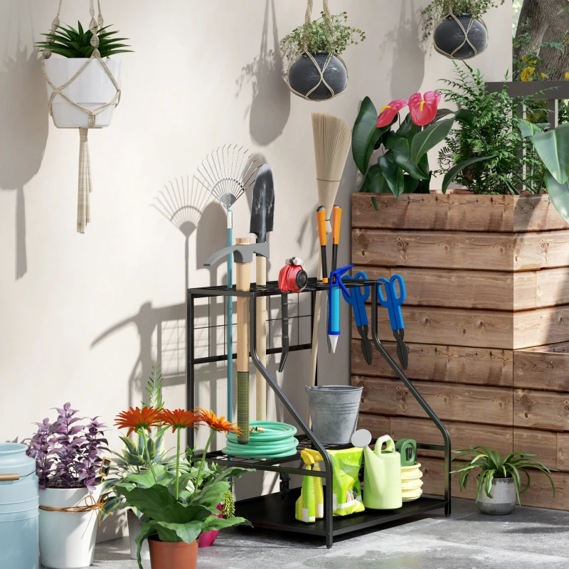 Outsunny Gereedschapsrek voor Tuin - 3-laags Plank voor Gereedschap, Tuin Gereedschapsorganisator, Metaal, Oranje