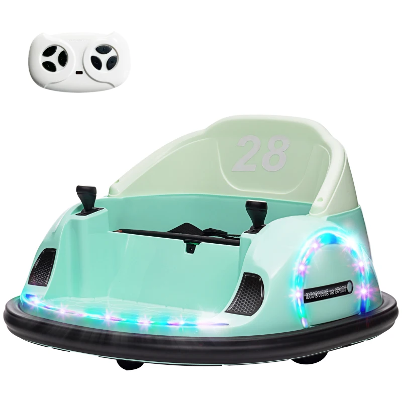 AIYAPLAY 360° Rotation Kids Bumper Car, 12V Waltz Car with Remote Control, Dual Joystick, Music, Lights, Green