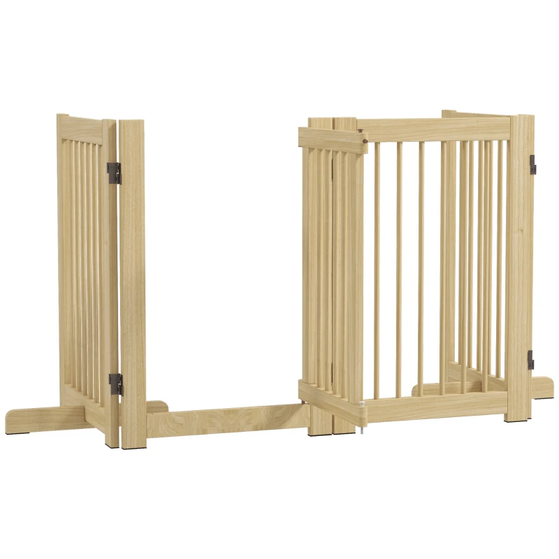 PawHut Vrijstaand hondenhek, 4 panelen, flexibel, dennenhout, 204L x 36B x 75H cm, naturel hout(m-10)