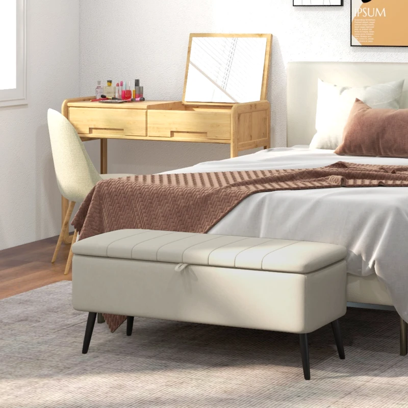 HOMCOM Linen-Look 92 x 31cm Storage Ottoman - Cream White