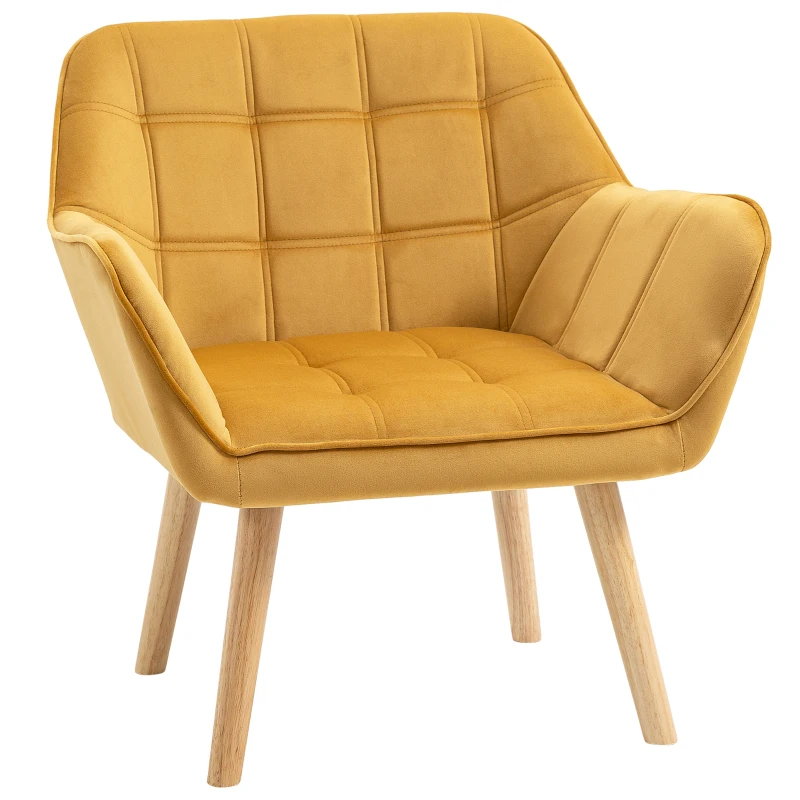 HOMCOM Accent Chair, Velvet Upholstered Vanity Tub Chair with Flared Armrests, Slanted Back, Solid Wood Legs, Comfy Padding Armchair, Home Bedroom Furniture Seating, Yellow