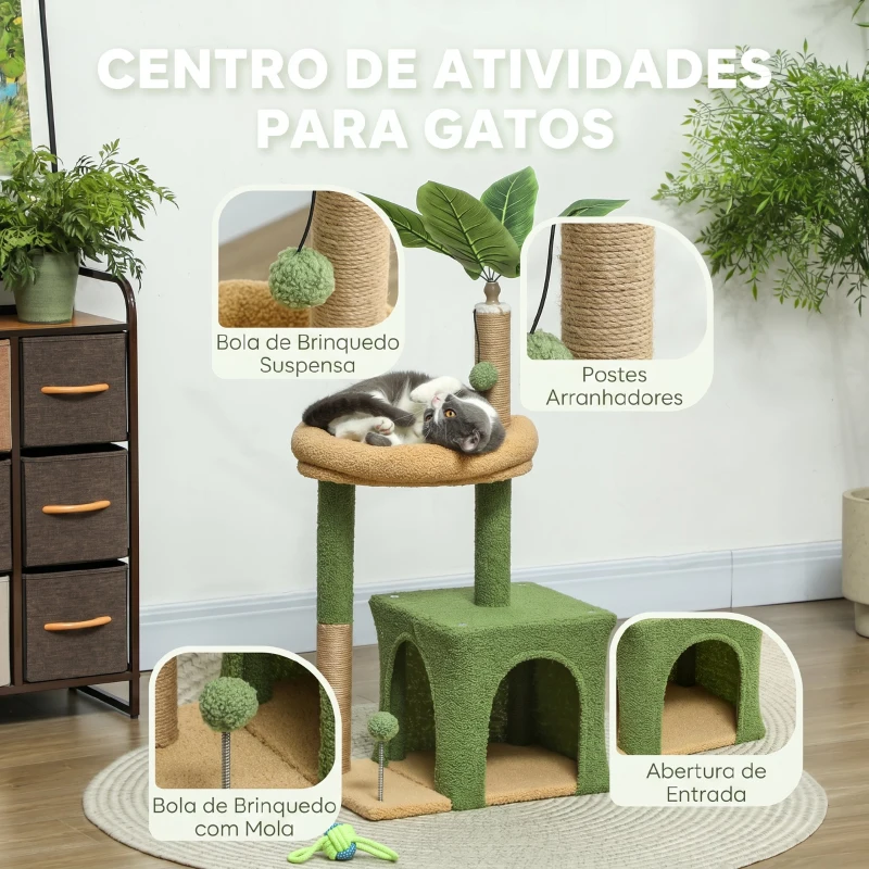 PawHut Árvore Arranhadora para Gatos 98 cm com Folhas Artificiais, Toca, Cama, Postes em Juta e 2 Bolas, Verde