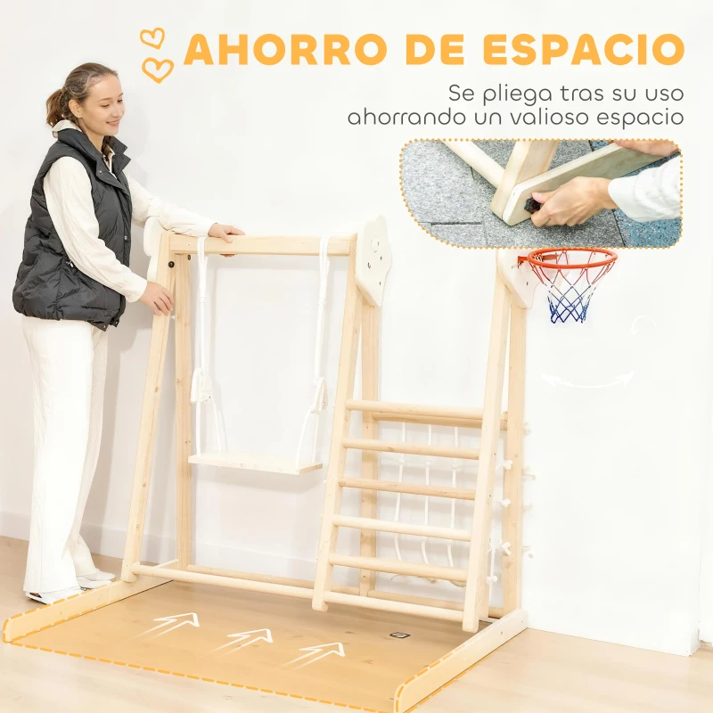 AIYAPLAY Tobogán Infantil 5 en 1 Estructura de Escalada con Tobogán Columpio Aro de Baloncesto Tabla Red de Escalada Natural