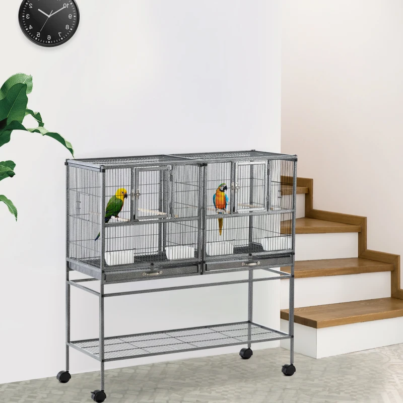 PawHut Cage à Oiseaux Volière Oiseaux Intérieur avec Séparation Mangeoire et Perchoir 95L x 45,5l x 102H cm Noir et Gris