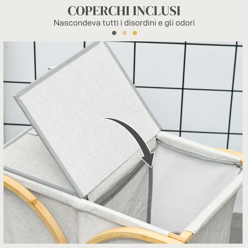 HOMCOM Portabiancheria a 2 Cesti con Coperchio in Bambù e Poliestere, 55x40x62 cm, Grigio e color Legno