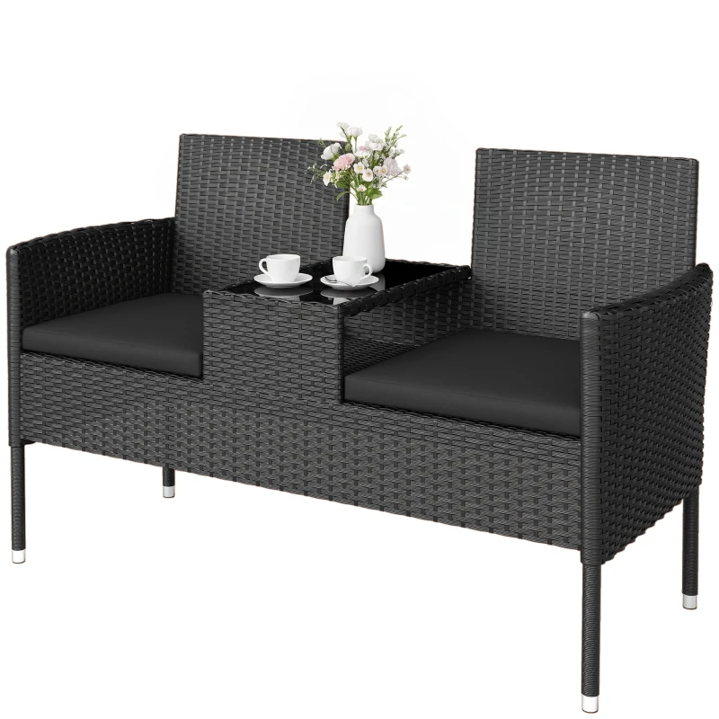 Outsunny Divanetto per Esterni 2 Posti con Tavolino da Caffè, in Acciaio e Rattan PE, 137x59x82 cm, Nero