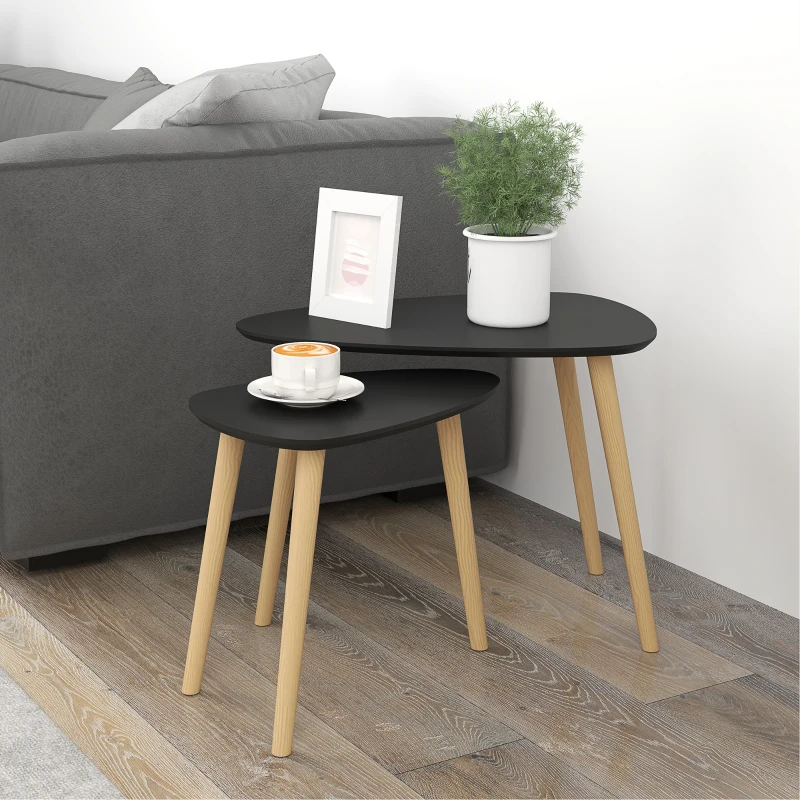 HOMCOM Conjunto de 2 Mesas Auxiliares com Pés de Madeira Mesas de Café 59,5x39,5x45 cm e 44,5x28,5x40 cm  Preto