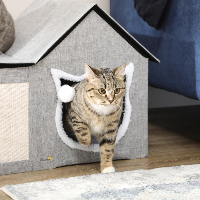 PawHut Casa para Gatos com Almofada para Arranhar almofada Macia e Bola Suspensa 65x41x45,5 cm Cinza
