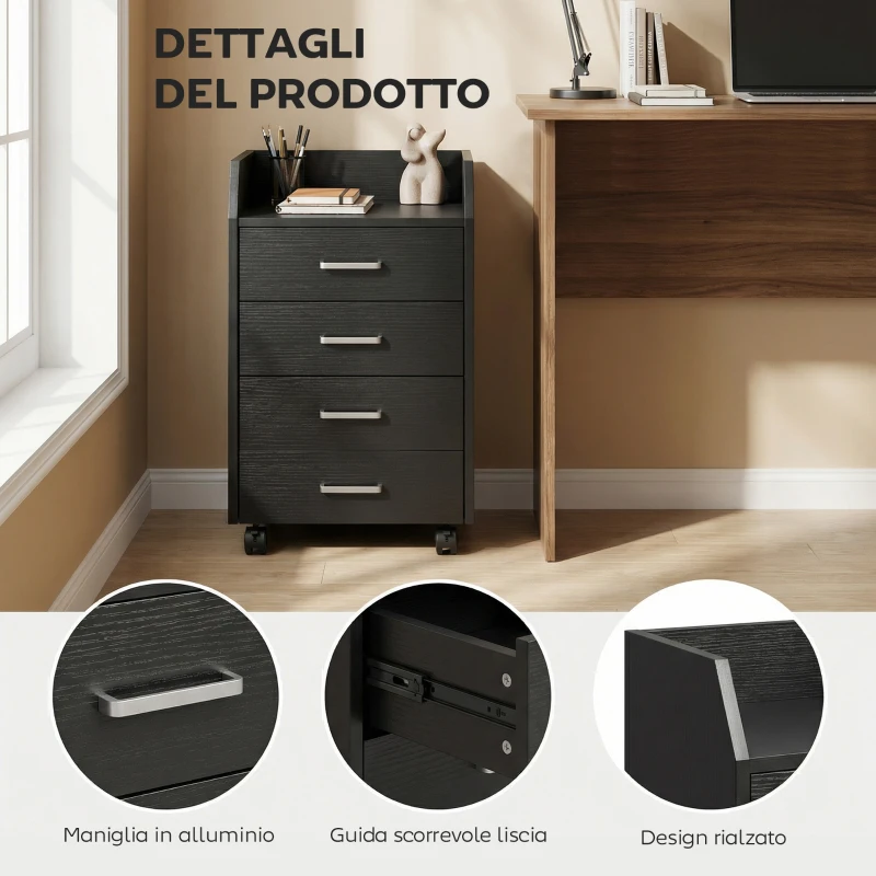 Vinsetto Cassettiera Piccola con 4 Cassetti, Mobiletto Verticale su Ruote, 40 x 36 x 65 cm, Effetto Legno Nero