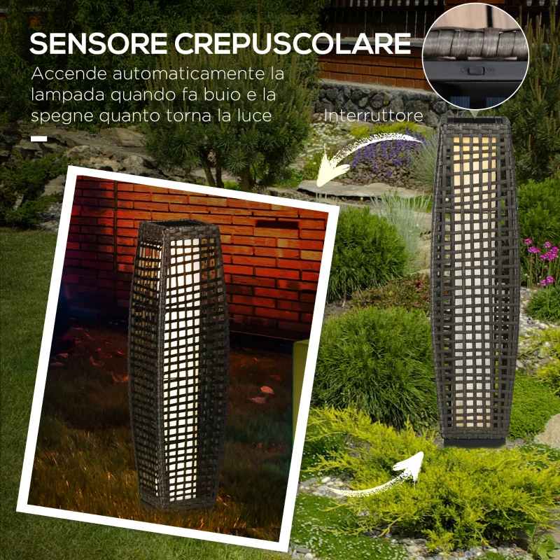 Outsunny Lampada Solare da Giardino con Pannello di Ricarica, in Acciaio e Rattan, 21x21x78 cm, Nero e Grigio
