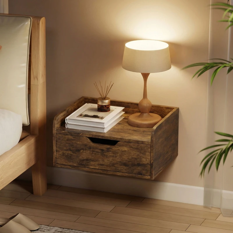 HOMCOM Floating Nightstands Set of 2, Wall Mounted Bedside Table with Drawer for Bedroom, Rustic Brown