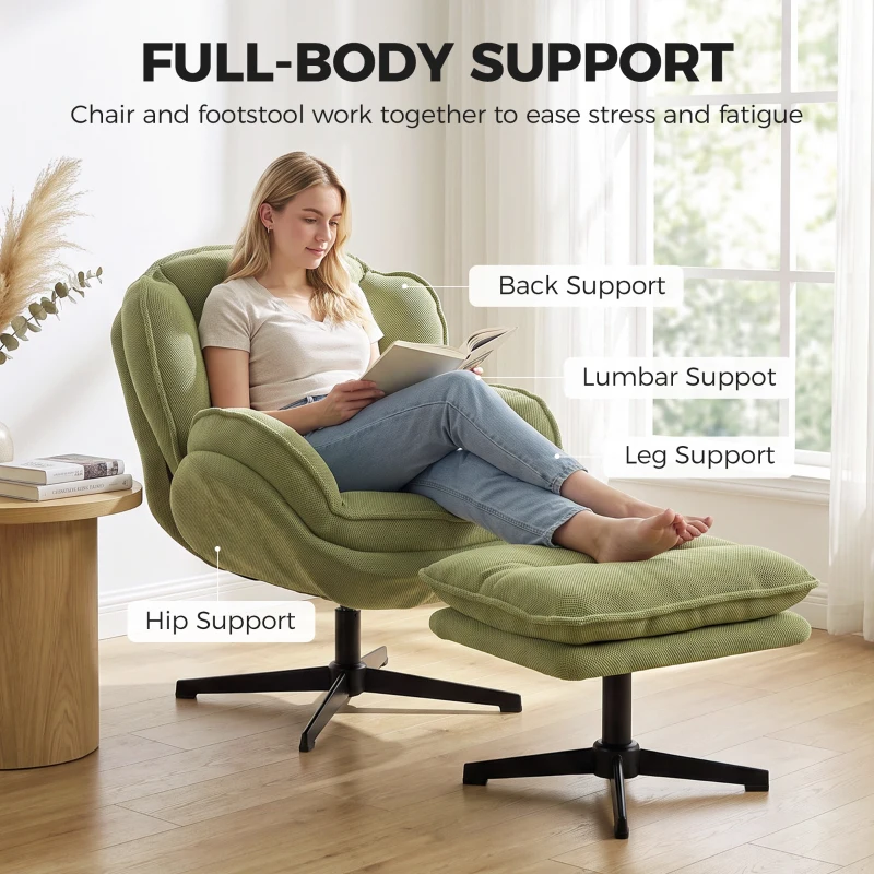 HOMCOM Armchair with Adjustable Footstool, 360-Degree Swivel Chenille Cloud Accent Chair with Thick Cushion, Steel Base, Green