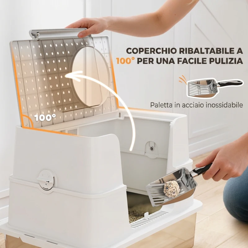 PawHut Lettiera Gatto Chiusa XL in Acciaio Inox con Coperchio, Paletta, Pareti Alte, Doppio Ingresso, Grigio Chiaro