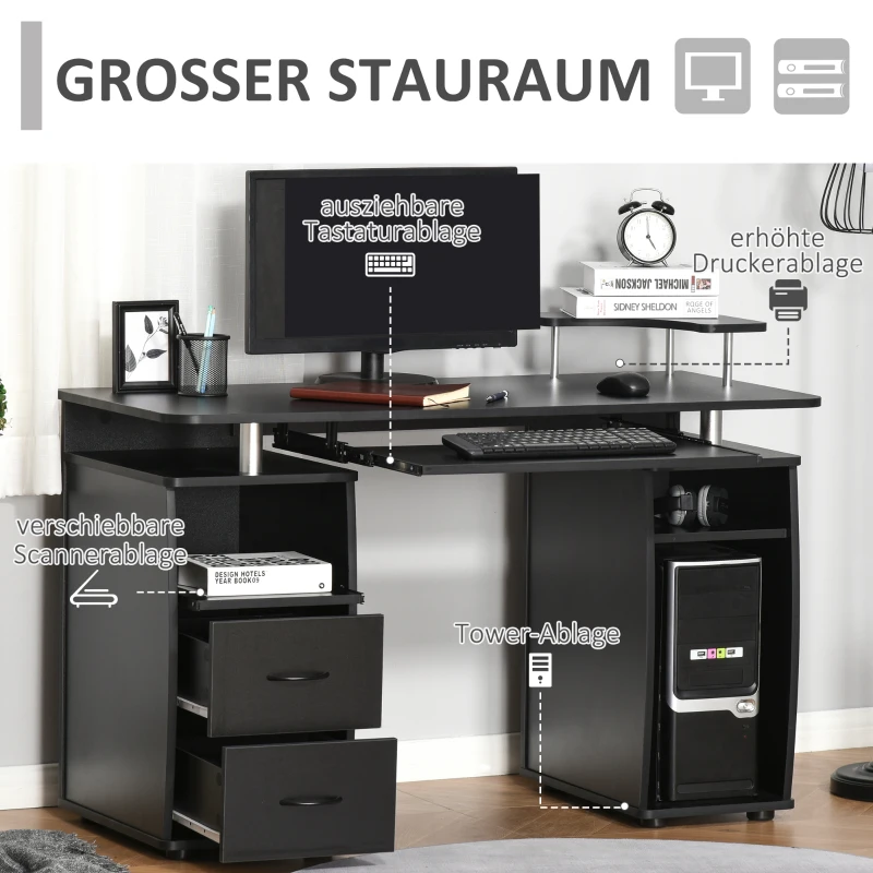 HOMCOM Computertisch Schreibtisch Bürotisch PC Tisch Arbeitstisch Home Office reichlich Stauraum 2 Schubladen Druckregal Schwarz 120 x 55 x 85 cm