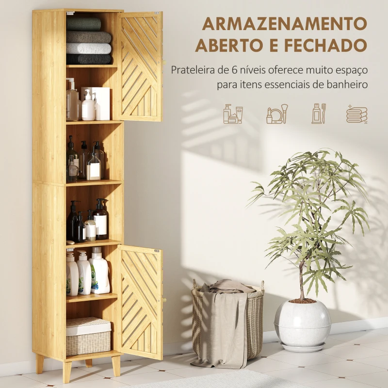 HOMCOM Coluna de Casa de Banho Estreita Armário de Casa de Banho Alto com Portas e Pés de Bambu 32x30x170 cm Madeira