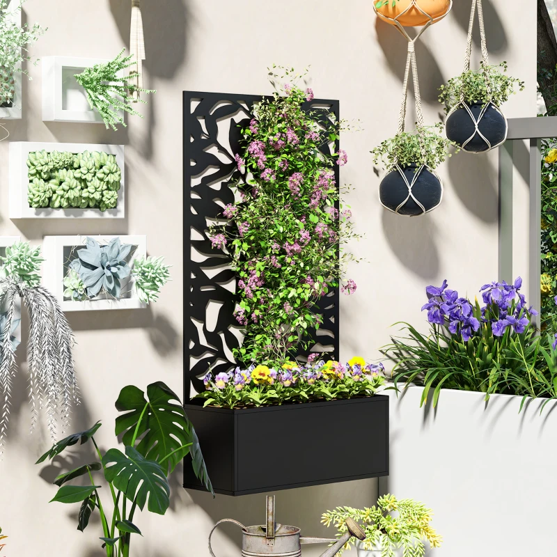 Outsunny Floreira Elevada com Painel de Privacidade de Folhas Decorativas de Metal e Opção de Montagem na Parede 61x23x113 cm Preto