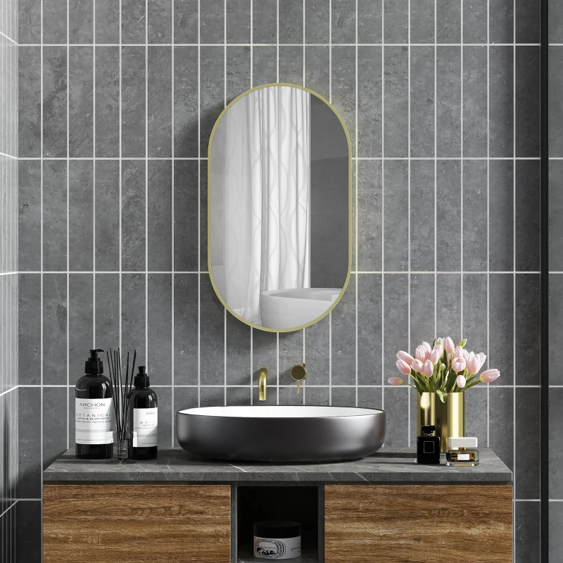HOMCOM Espelho Casa de Banho Oval 40x3x70 cm Espelho Decorativo de Parede com Estrutura de Liga de Alumínio Horizontal ou Vertical Dourado
