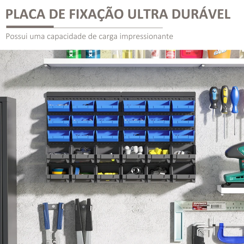 DURHAND Organizador de Ferragens para Parede com 30 Caixas de 2 Tamanhos Diferentes 63x18x37,5 cm Azul e Cinza