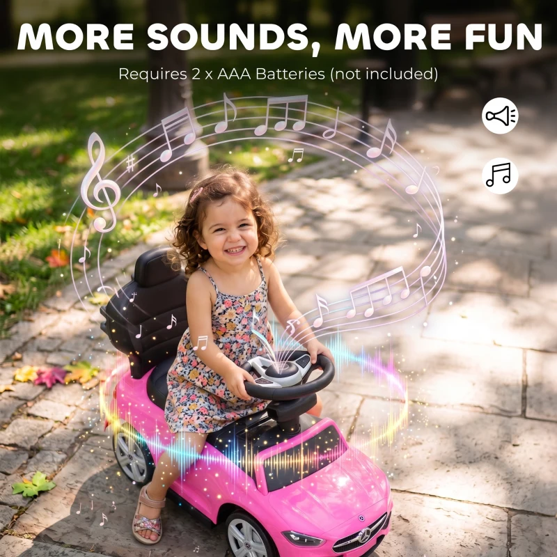 AIYAPLAY 3 in 1 Licensed Benz Ride on Push Car with Handle, Canopy, Guardrails, Horn, Music, Storage for 12-36 Months, Pink