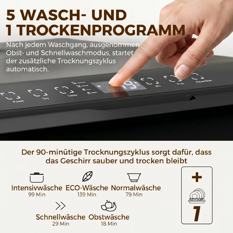 HOMCOM Tischgeschirrspüler, Mini-Geschirrspüler mit 6-Liter-Tank, 5 Programme, LED-Anzeige, Trocknungsfunktion, Schwarz