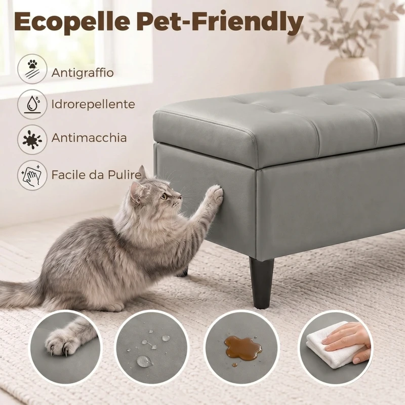 HOMCOM Panca Contenitore Imbottita 136L in Finta Pelle, 110x41x42 cm, Grigio