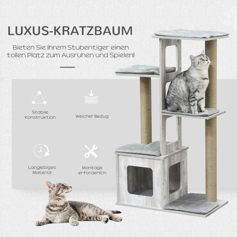 PawHut kattenboom krabpaal kattenmeubel, activity center klimrek pluche grijs