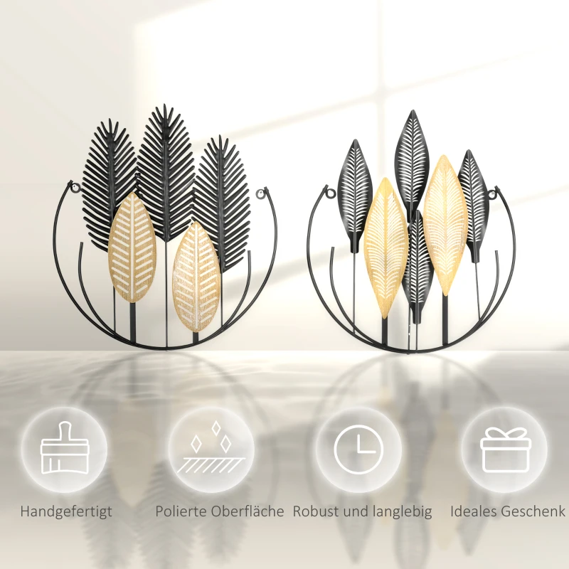 HOMCOM 3D-metalen wanddecoratie modern zwart+goud 40 x 46 cm, set van 2 stuks