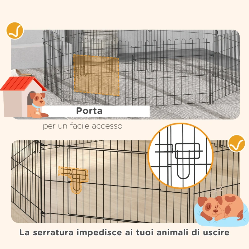 PawHut Recinto per Cani e Cuccioli 8 Pannelli in Acciaio, Gabbia per Cani, Box per Animali Domestici da Interno e Esterno, Ø180x61 cm, Nero