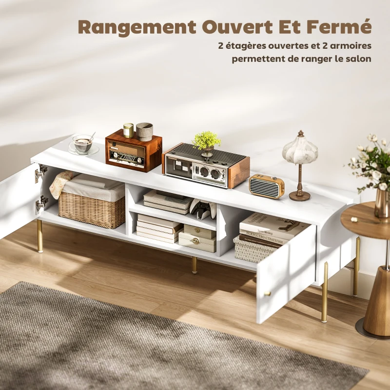 HOMCOM Meuble TV, meuble télé jusqu'à 65 pouces avec 2 portes, 2 compartiments ouverts, pieds en acier, 140x38x45,9cm, blanc