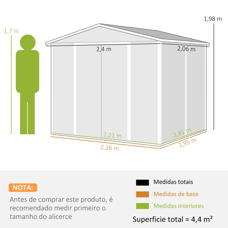Outsunny Abrigo de Jardim 4,4 m² 240x206x198 cm Abrigo de Jardim com Porta de Correr e Fechadura Cinza Escuro