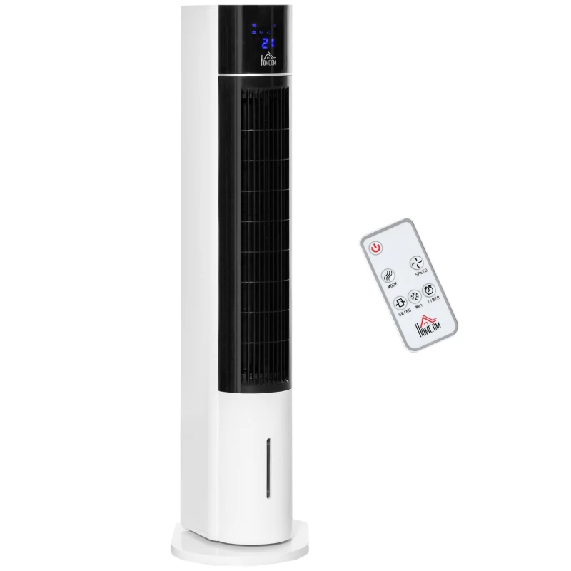 HOMCOM Enfriador de Aire Bajo Consumo 3 en1 Oscilante Humificador con 3L Control Remoto Pantalla LED 3 Velocidades 3 Modos y Temporizador 12h Climatizador Evaporativo Torre 33x26x105 cm Blanco